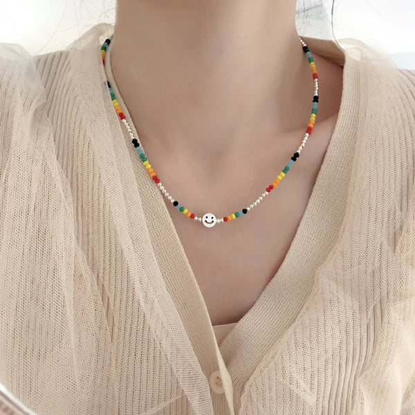 Womens Colorful Beaded Necklace With Happy Face 😃
